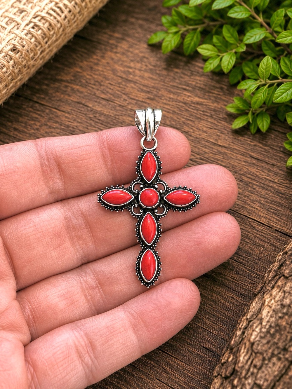 Dainty Coral 925 Silver Cross 2” Pendant